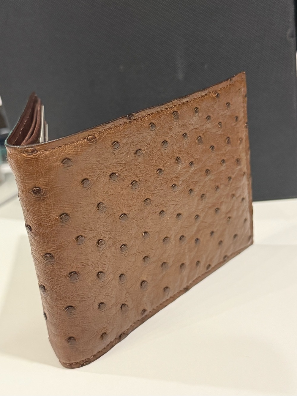 Paolo Bentini Ostrich Leather Brown Textured Bi-Fold Wallet NWOT